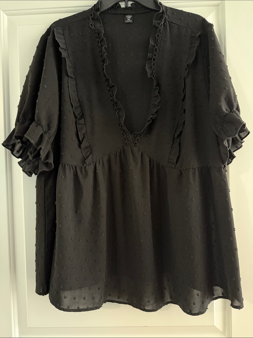 SHEIN Black Ruffled Swiss Dot V-Neck Peplum Blouse
